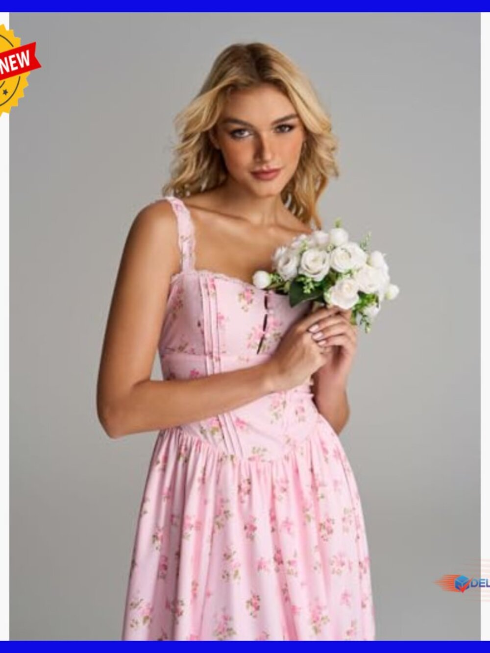Summer Corset Midi Dress Floral Lace Smocked Flowy A-Line with Pockets - Picture 4 of 7